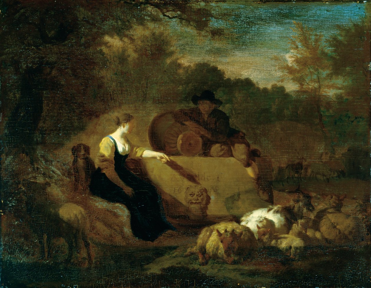 Hirte und Hirtin mit ihrer Herde an einem Brunnen von Adriaen van de Velde