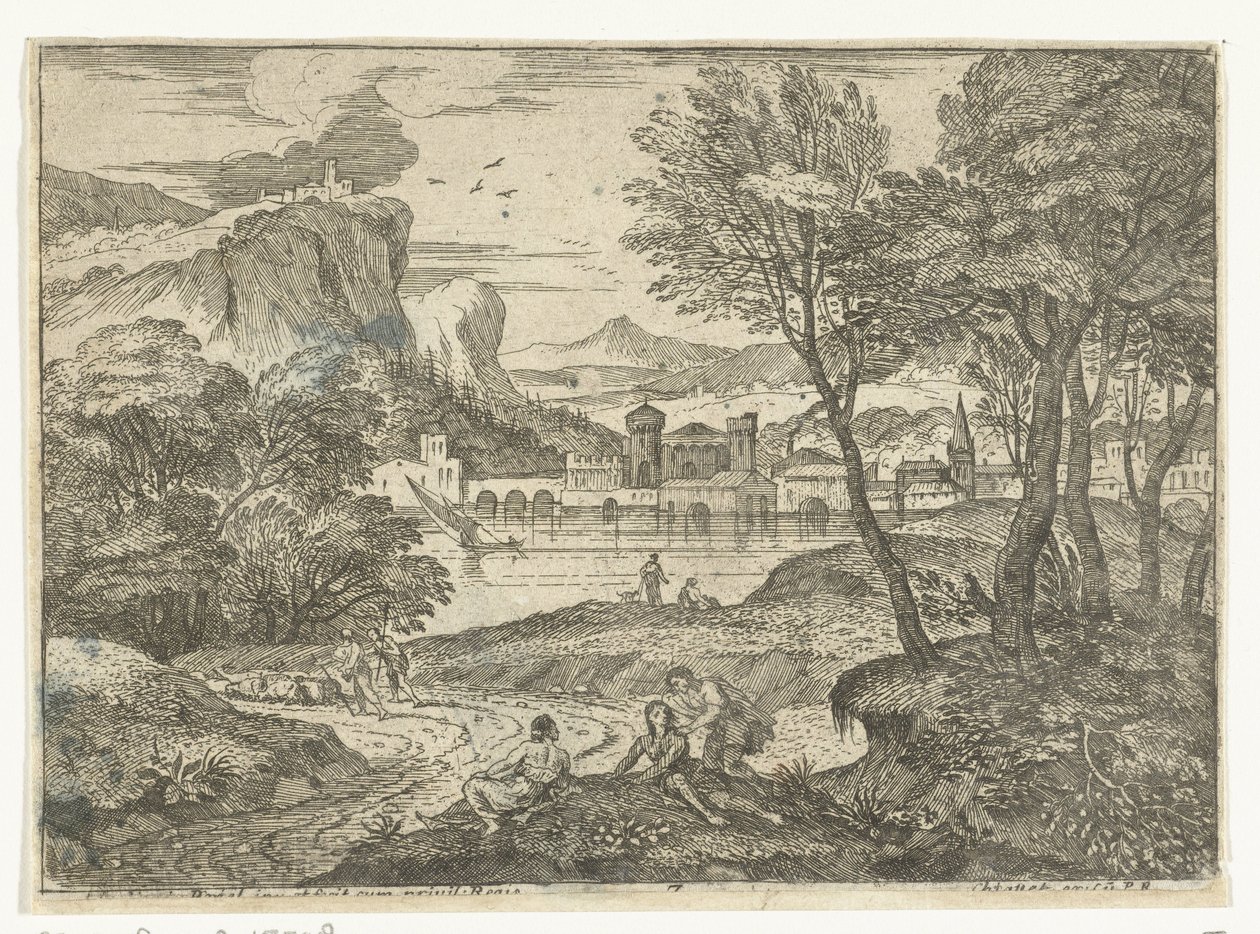 Landschaft mit drei Personen entlang eines Pfades (Landschappen, serie acht) von Adriaen van der Kabel