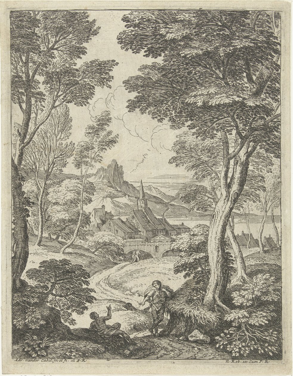 Landschaft mit spitzem Turm von Adriaen van der Kabel