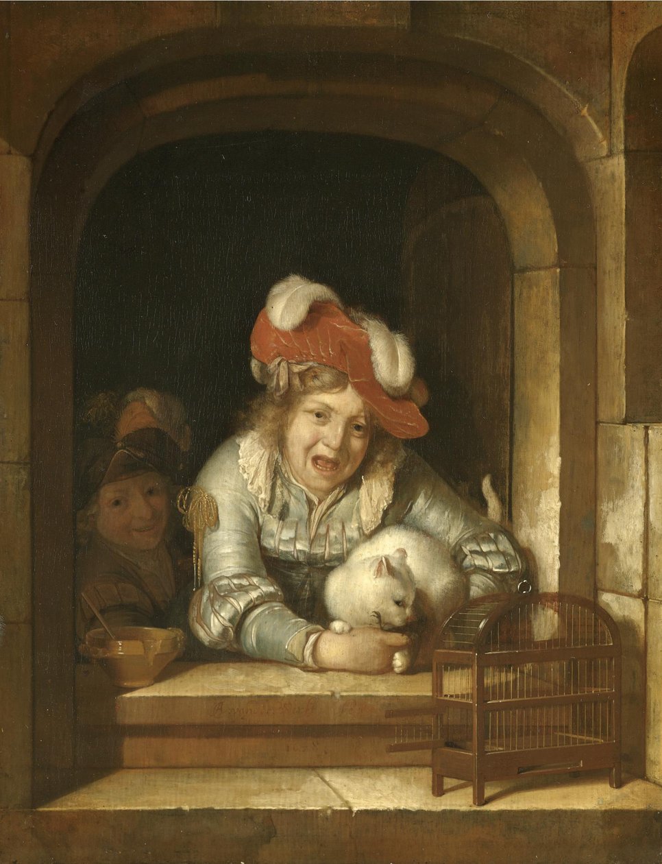 Zwei Kinder spielen mit einer Katze, die einen Vogel im Maul hat von Adriaen van der Werff