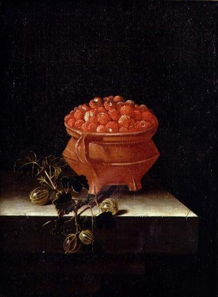 Erdbeeren und Stachelbeeren auf einem Steinsims von Adrian Coorte