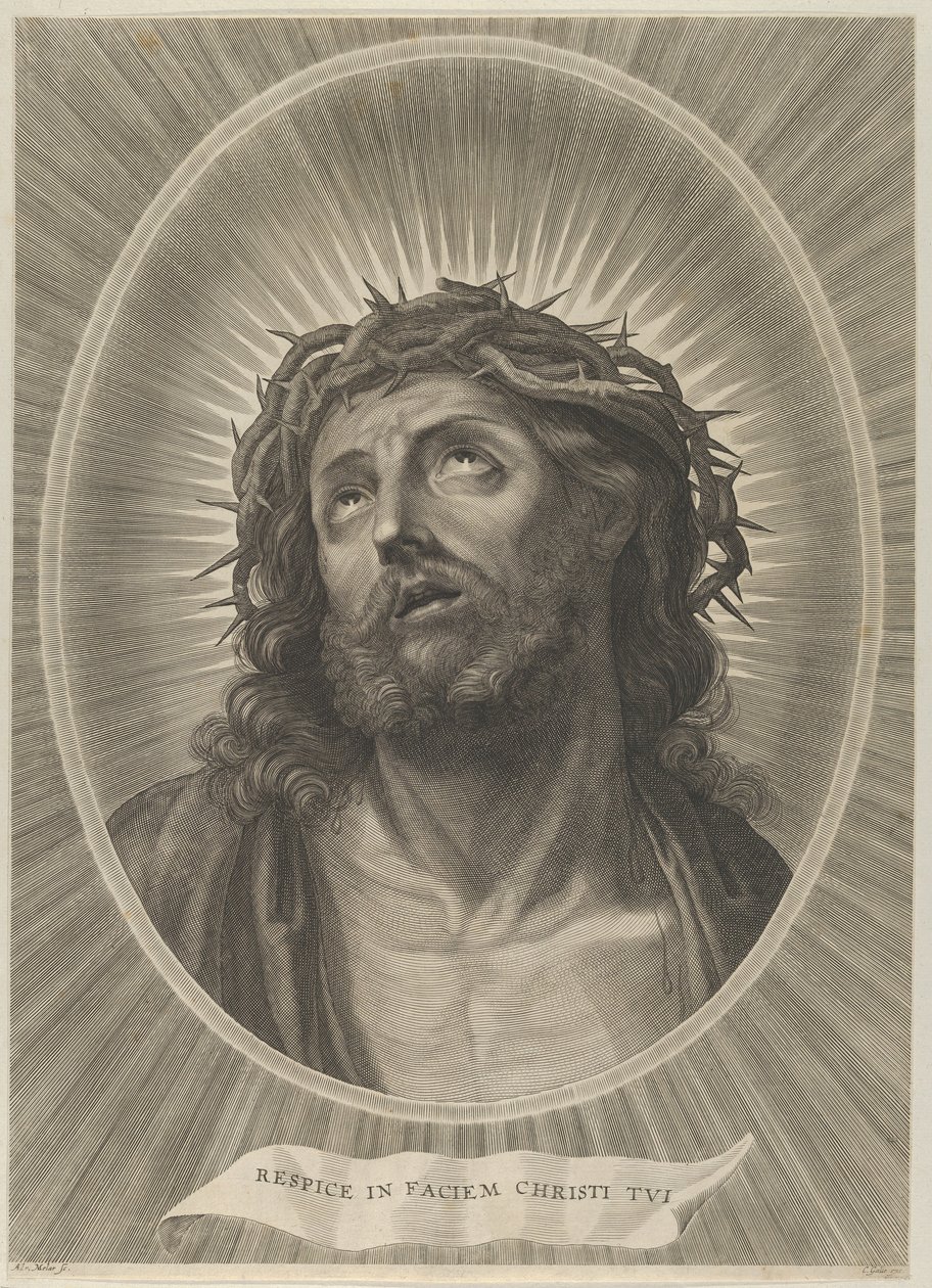 Kopf Christi mit Dornenkrone nach oben blickend, in einem ovalen Rahmen, nach Reni, ca. 1653-67 von Adrian van Melar