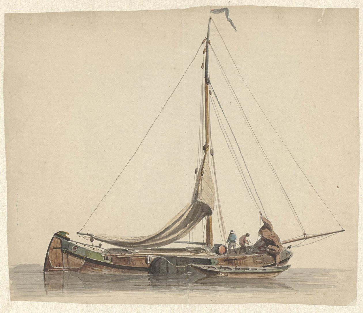 Zwei Männer arbeiten auf einem Plattbodenschiff mit gerefften Segeln von Adrianus Eversen