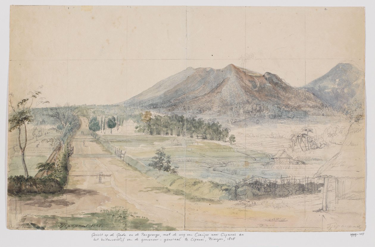 Blick auf die Vulkane Gedé und Pangrango, Straße Cianjur-Cipanas und Landhaus des Generalgouverneurs in Cipanas, Priangan, West-Java von Adrianus Johannes Bik