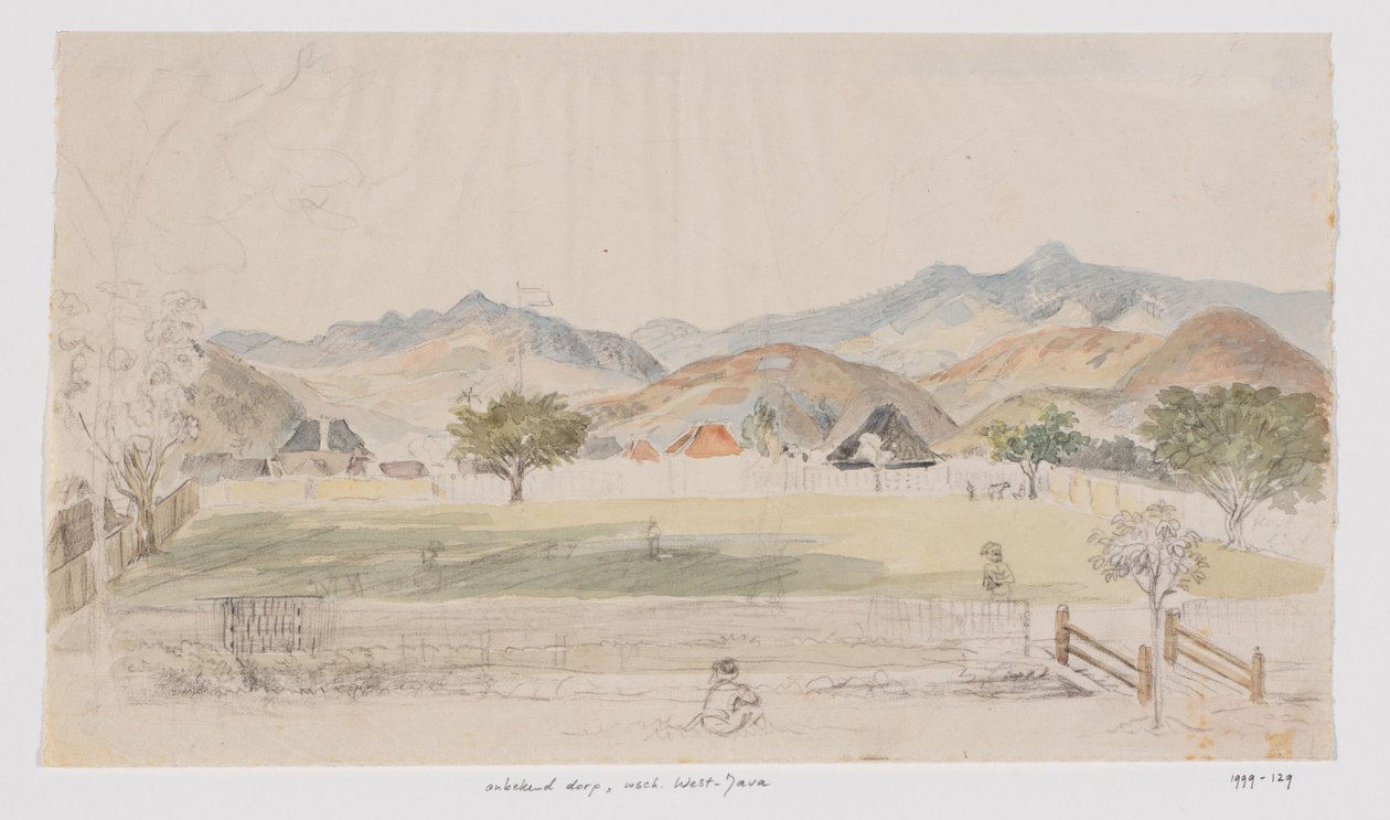 Landschaft und Blick auf Häuser und Dorfplatz, West-Java von Adrianus Johannes Bik