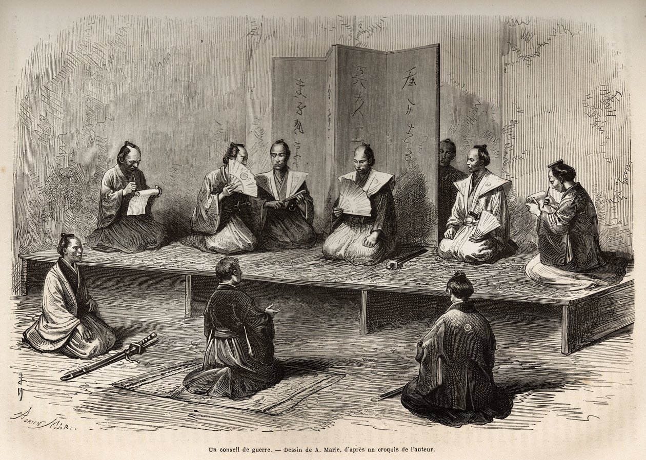 Ein Kriegsrat in Edo (heutiges Tokio), der die Offiziere des Taicoun (Oberhaupt der weltlichen Macht) versammelt, um einer Aufruhr der Daimios (japanischer Adel) kurz vor der Meiji-Restauration (1868) zu begegnen, Gravur nach A. Marie von Adrien Emmanuel Marie