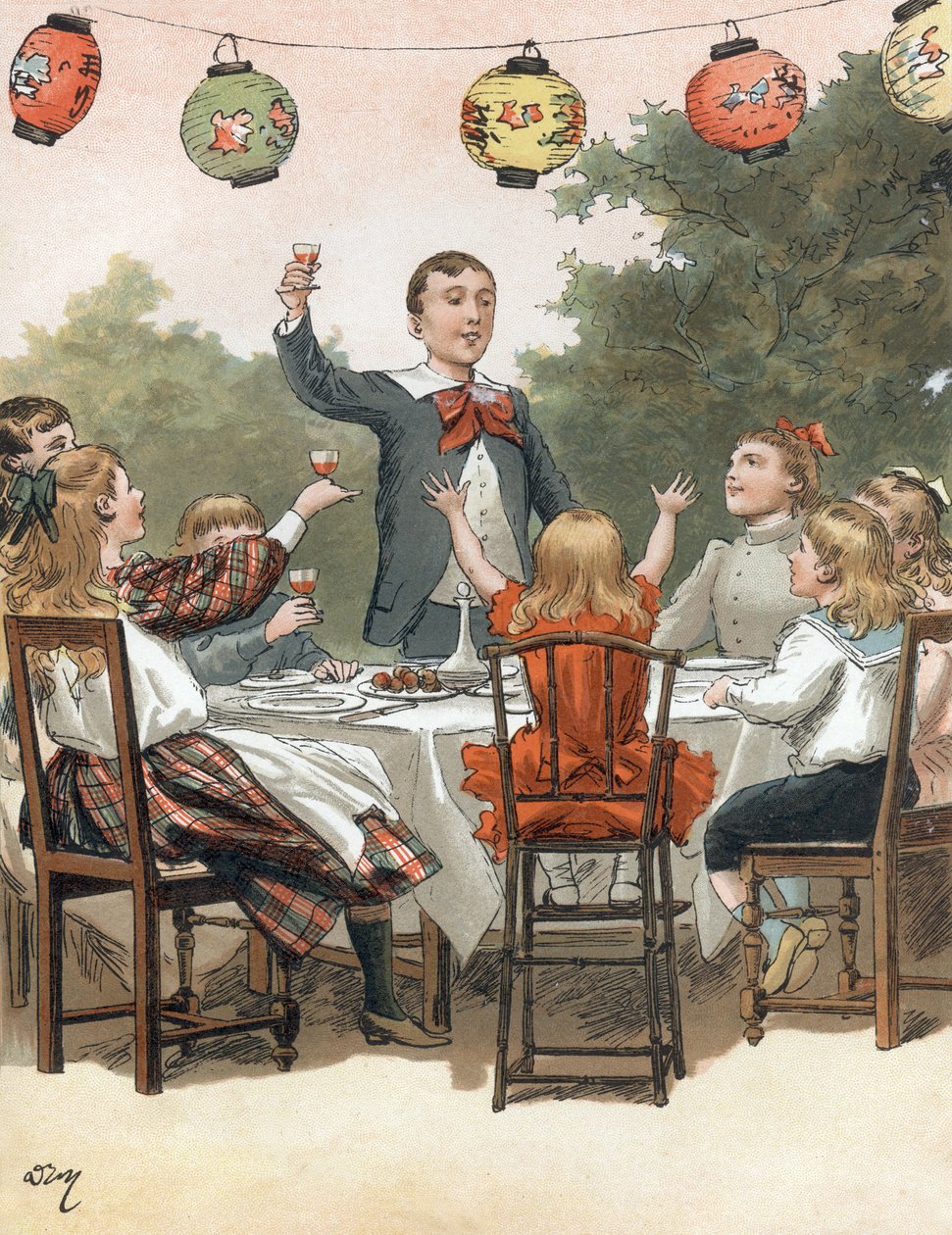 Ein Junge hält eine Rede, Kinder stoßen an, Illustration von Adrien Marie im Buch Tout a la joie von Zari, Emile Guerin Veröffentlichung 1890 von Adrien Emmanuel Marie