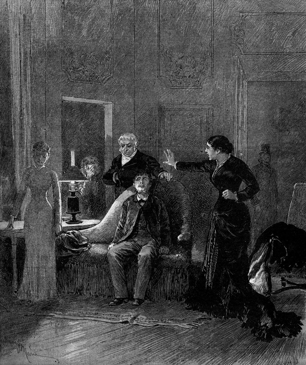 Theateraufführung: 5. Akt von „Jack“ von Alphonse Daudet (1840-1897) und H. Lafontaine mit Mademoiselle Sisos (Cécile), M. Porel (Dr. Rivals), M. Chelles (Jack), Mademoiselle Montaland (Ida de Barancy). Paris, Théâtre de l