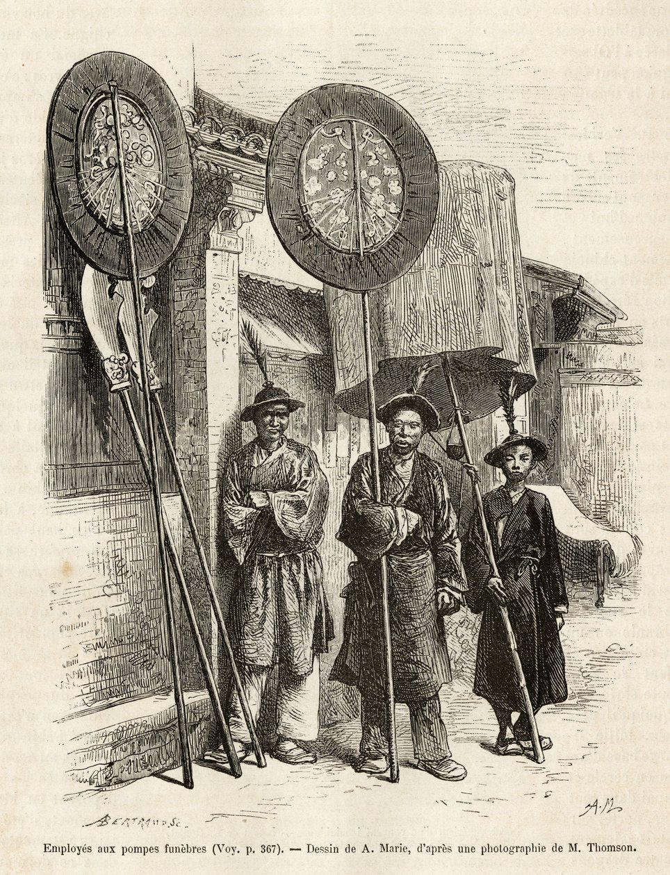 Drei Bestattungsarbeiter in Peking. Gravur nach einer Zeichnung von A. Marie, um die Reise nach Peking und Nordchina von T. Choutze in 1873 zu illustrieren, veröffentlicht in "Le tour du monde" 1876, herausgegeben von Edouard Charton, Hachette-Ausgabe, Par von Adrien Emmanuel Marie