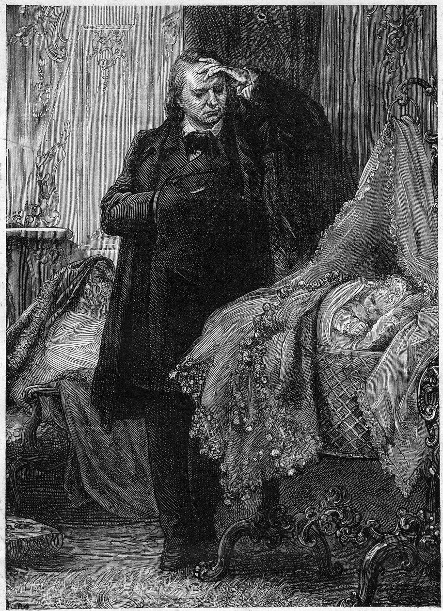 Victor Hugo beobachtet ein schlafendes Kind in seiner Wiege. Illustration aus „Geschichte eines Verbrechens“ von Victor Hugo (1802-1885). Illustration von M. A. Marie von Adrien Emmanuel Marie