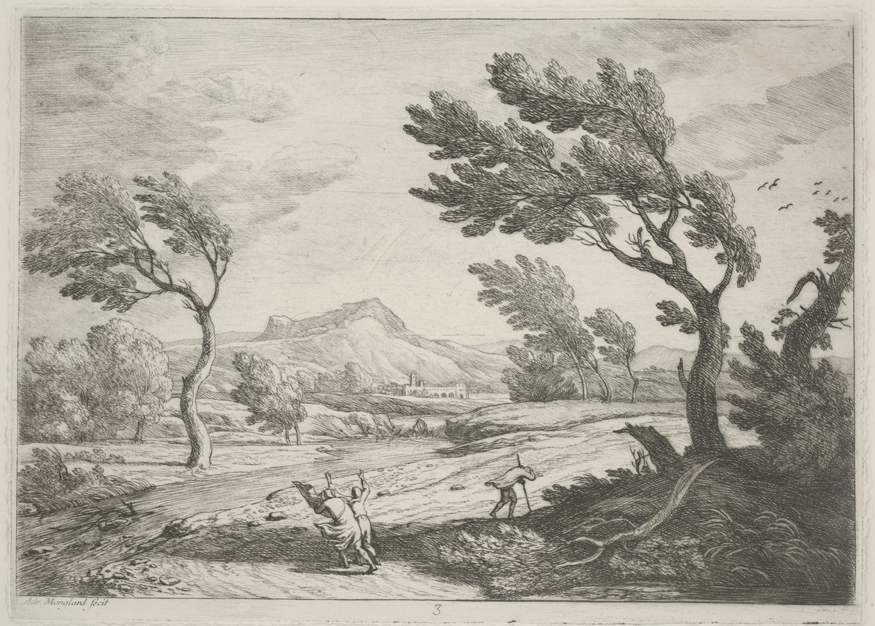 Landschaft mit Reisenden bei starkem Wind, ca. 1753 von Adrien Manglard
