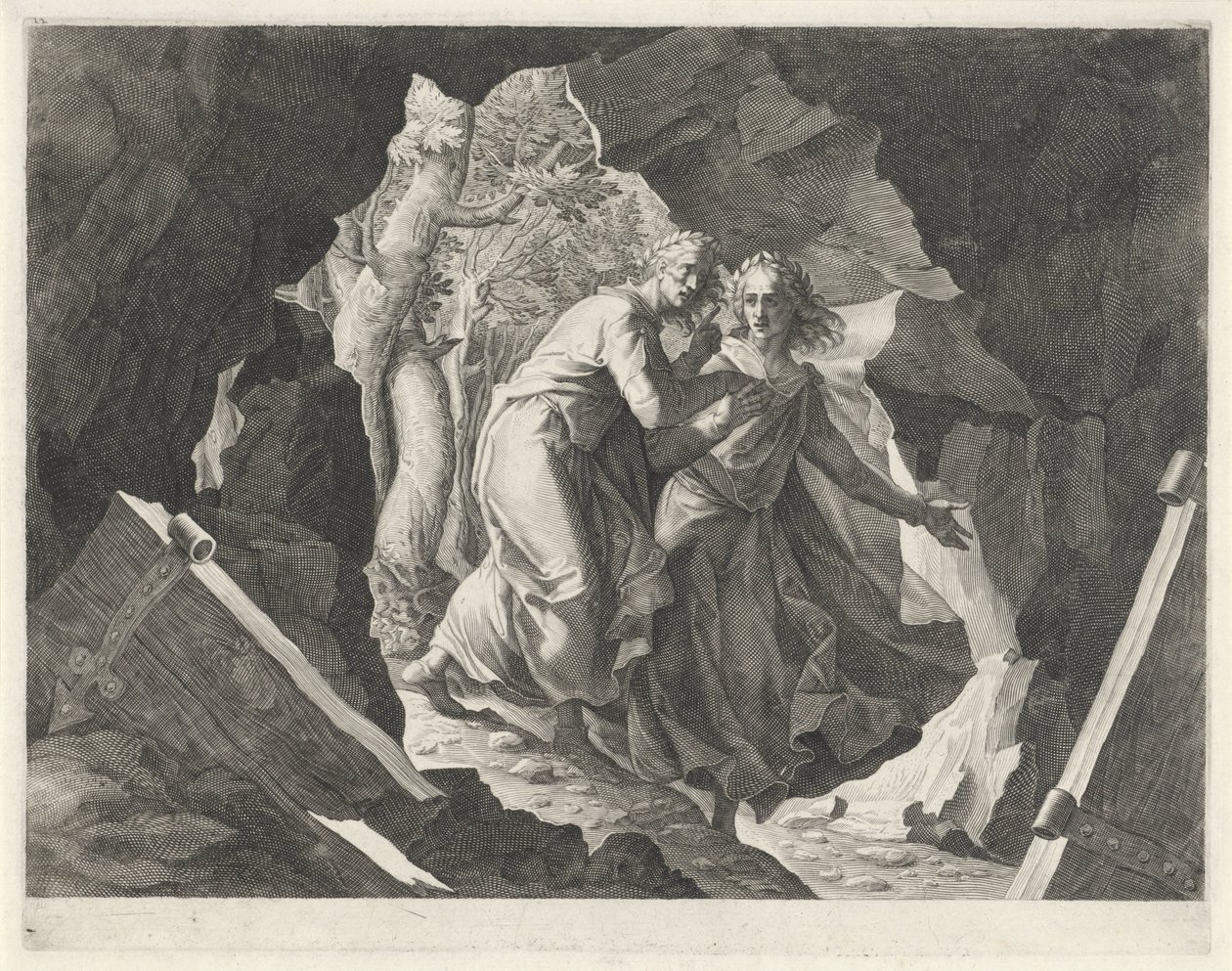 Dante und Vergil betreten die Hölle durch ein Tor von Egidius  Sadeler (II)