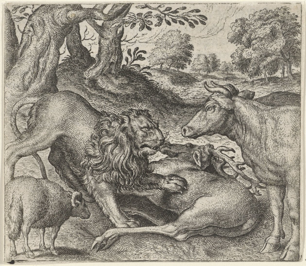 Fabel vom Löwen, der Kuh und dem Schaf auf der Jagd von Egidius  Sadeler (II)