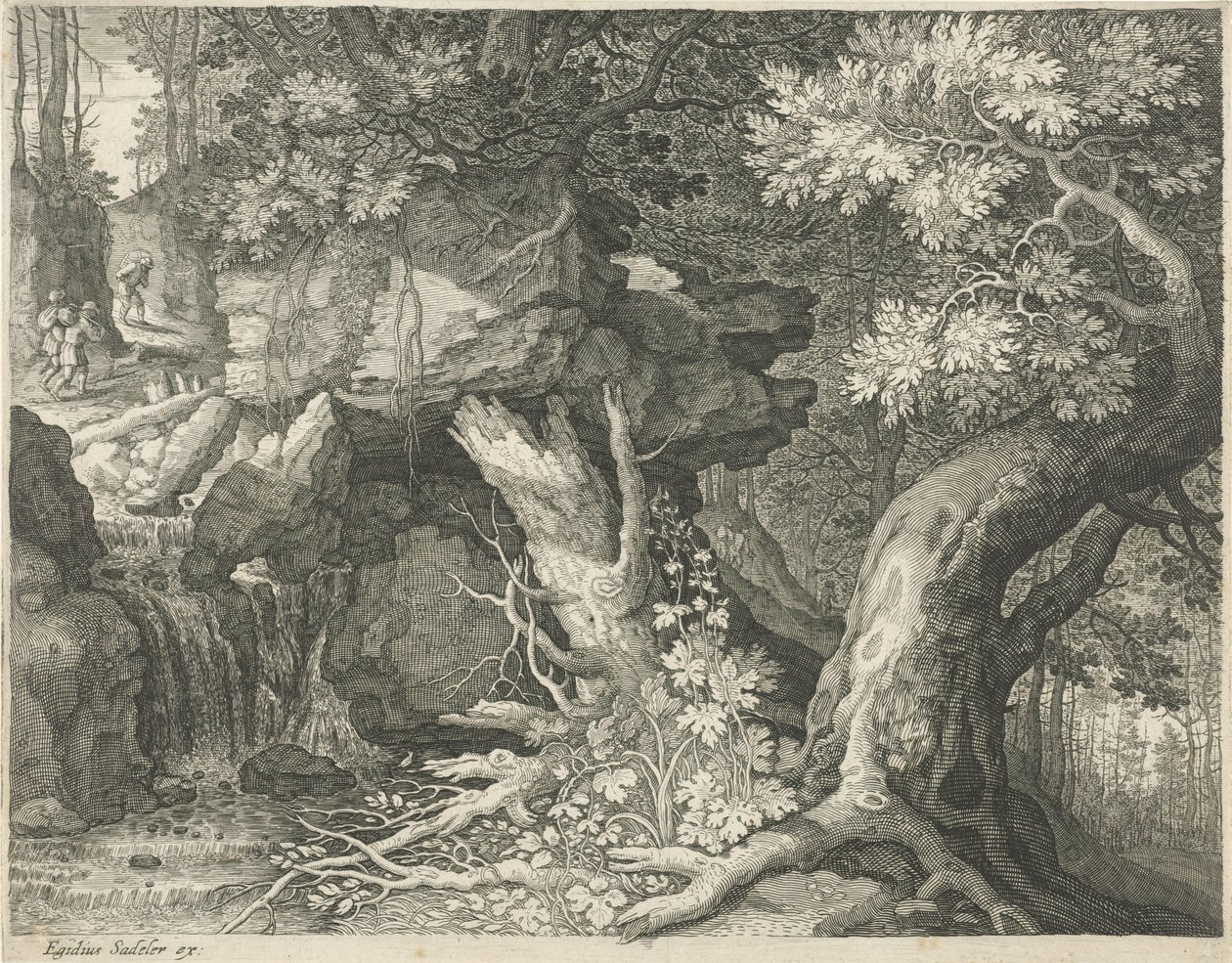 Reisende über einem Wasserfall (Serie: Sechs Landschaften) von Egidius  Sadeler (II)