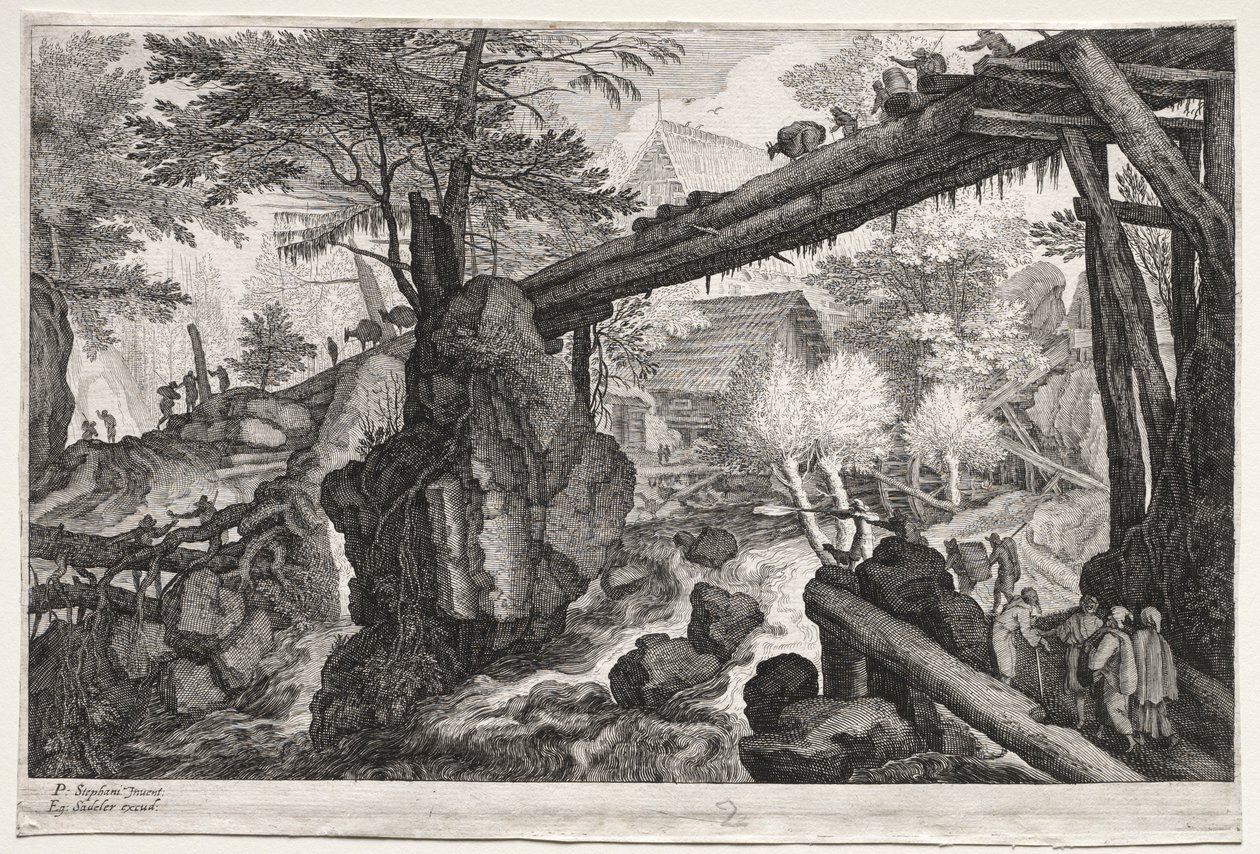 Acht böhmische Landschaften: Landschaft mit Holzbrücke über Wasserfall, ca. 1610-1615 von Aegidius Sadeler or Saedeler