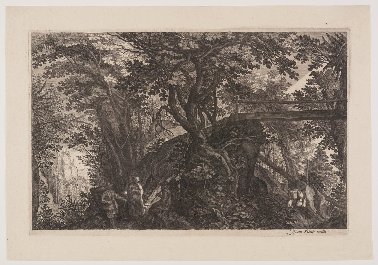 Ein Wald mit einer Holzbrücke rechts, aus Acht Szenen aus Böhmen von Aegidius Sadeler II