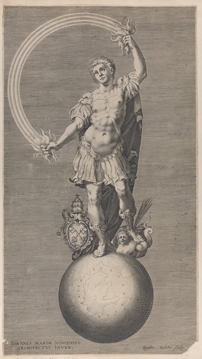 Allegorische Figur eines Kriegers, der auf einem Globus mit dem päpstlichen Wappen steht von Aegidius Sadeler II