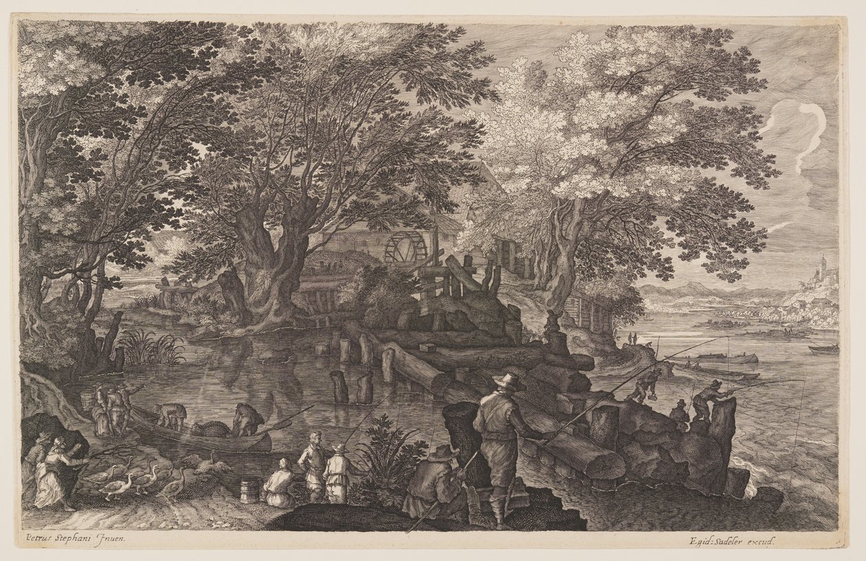 Szene Eins: Wassermühle auf einer Insel in einem Fluss mit Männern beim Fischen, aus Acht Szenen aus Böhmen von Aegidius Sadeler II