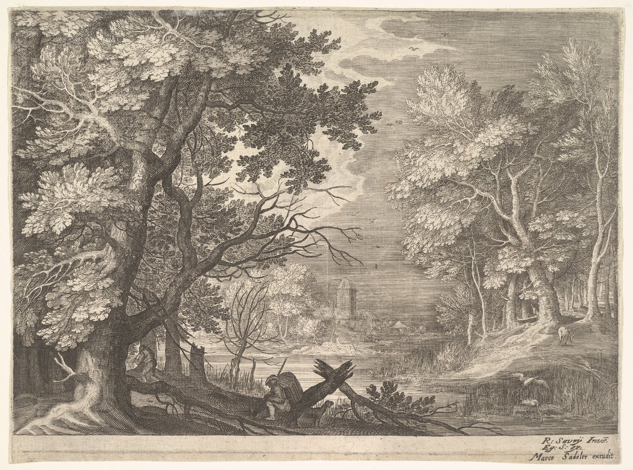 Waldszene mit sumpfigen Ufern, zwei Männer und ein Hund im Profil links, zwei langhalsige Vögel, ca. 1600 von Aegidius Sadeler II