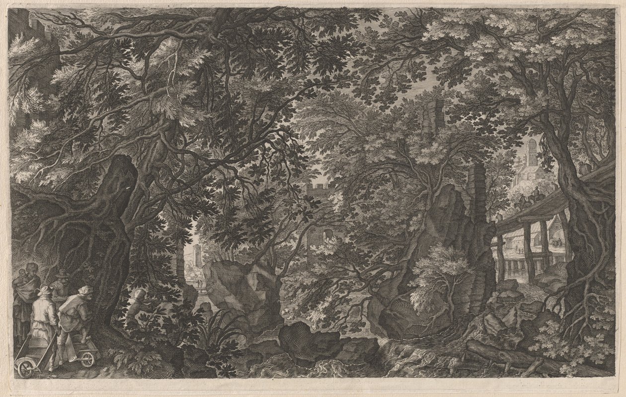 Jäger in einem Wald nahe einer Holzbrücke von Aegidius Sadeler II after Pieter Stevens