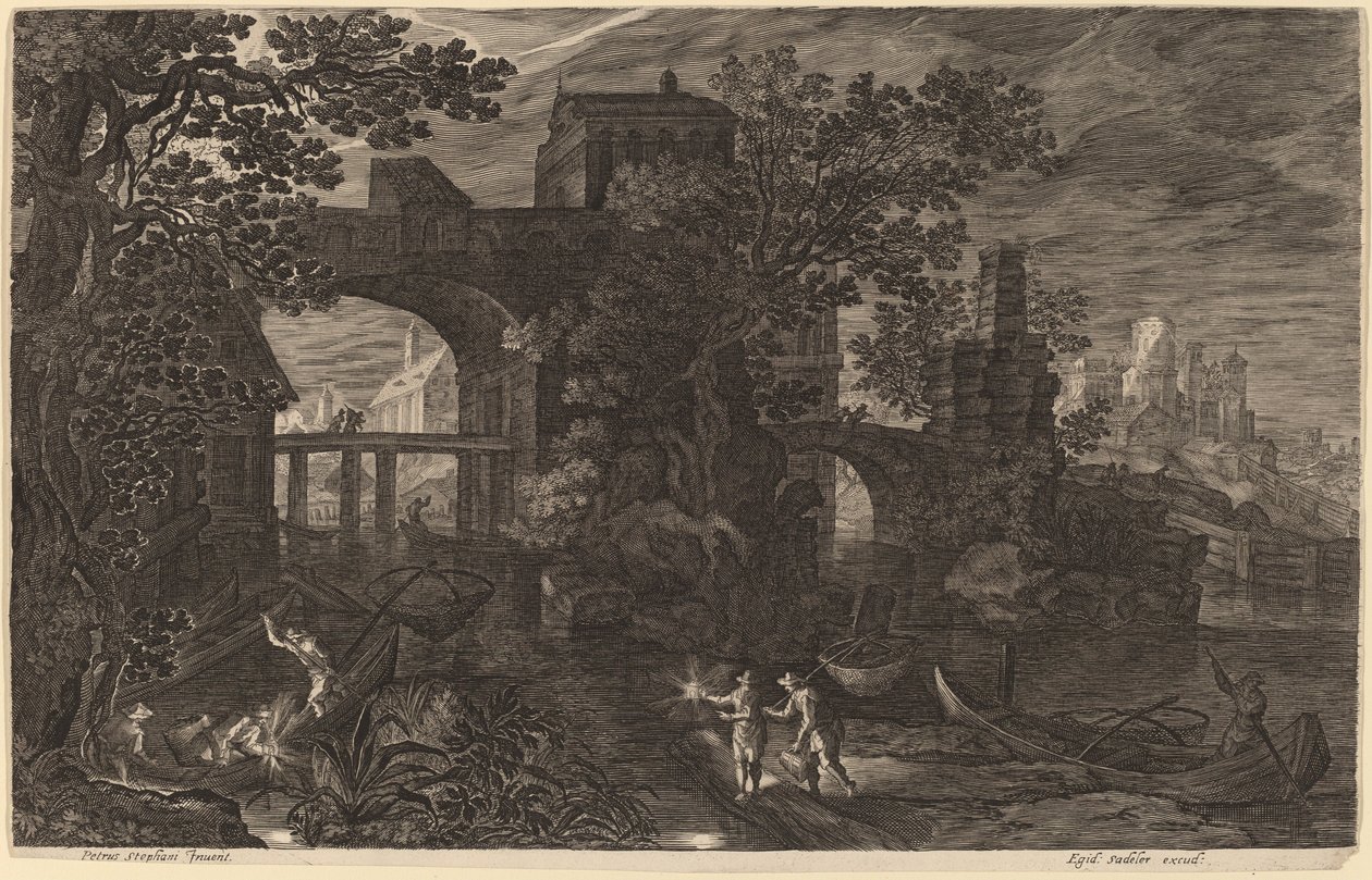 Nächtliche Landschaft mit Flussfischern vor Stadtmauern von Aegidius Sadeler II after Pieter Stevens