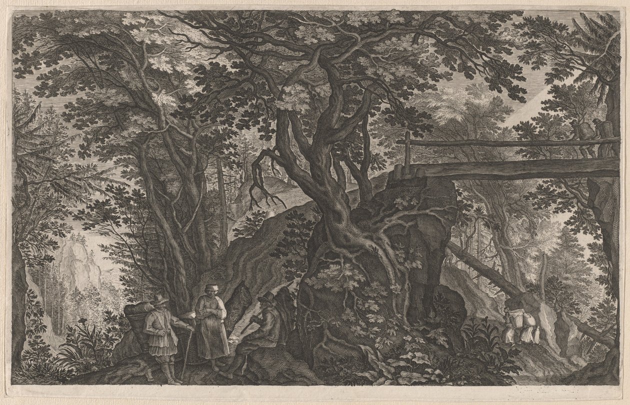 Reisende ruhen sich in einem Bergwald an einer Holzbrücke aus von Aegidius Sadeler II after Pieter Stevens