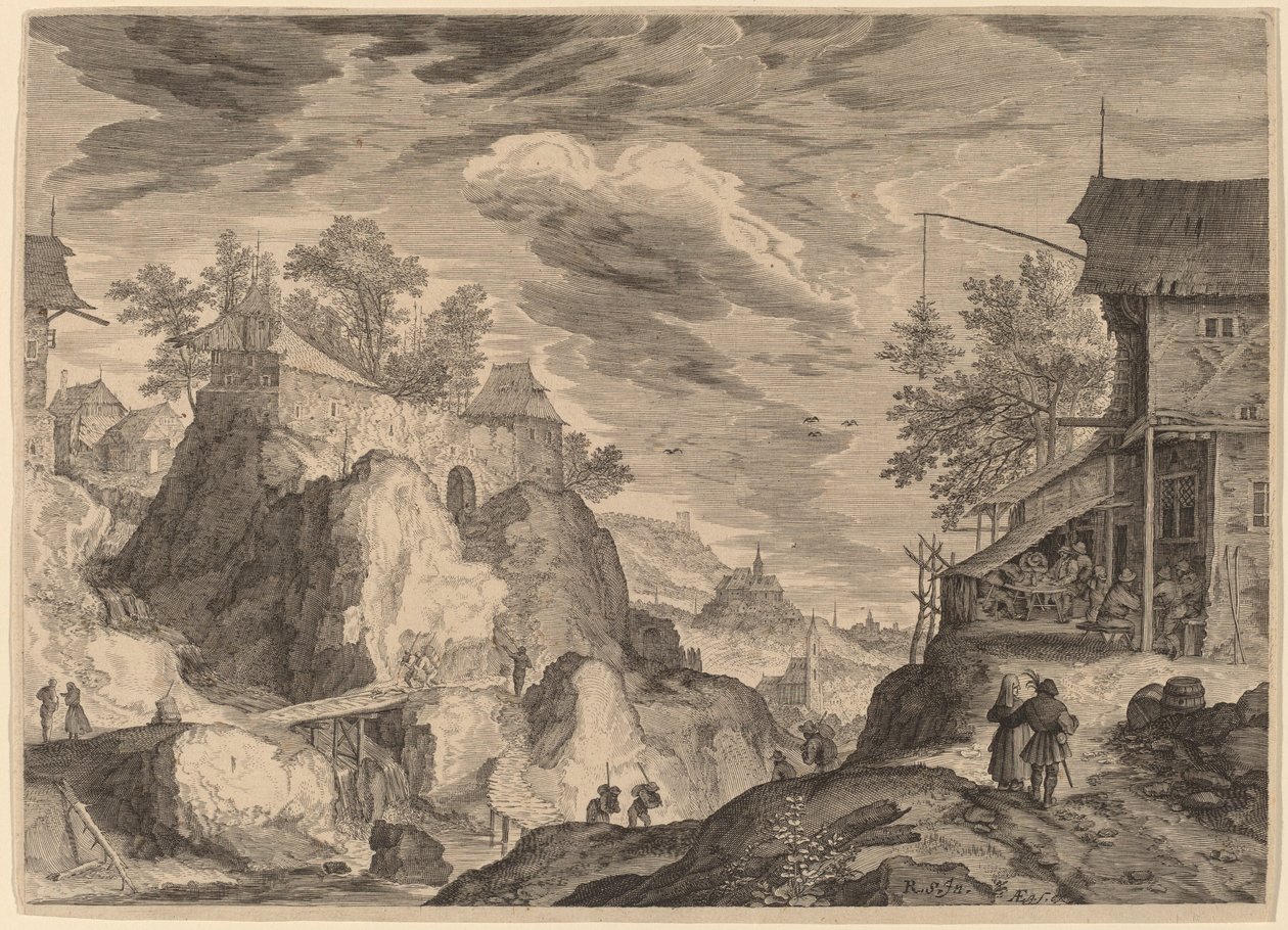 Landschaft mit Gasthaus rechts und Haus auf Felsen links von Aegidius Sadeler II after Roelandt Savery