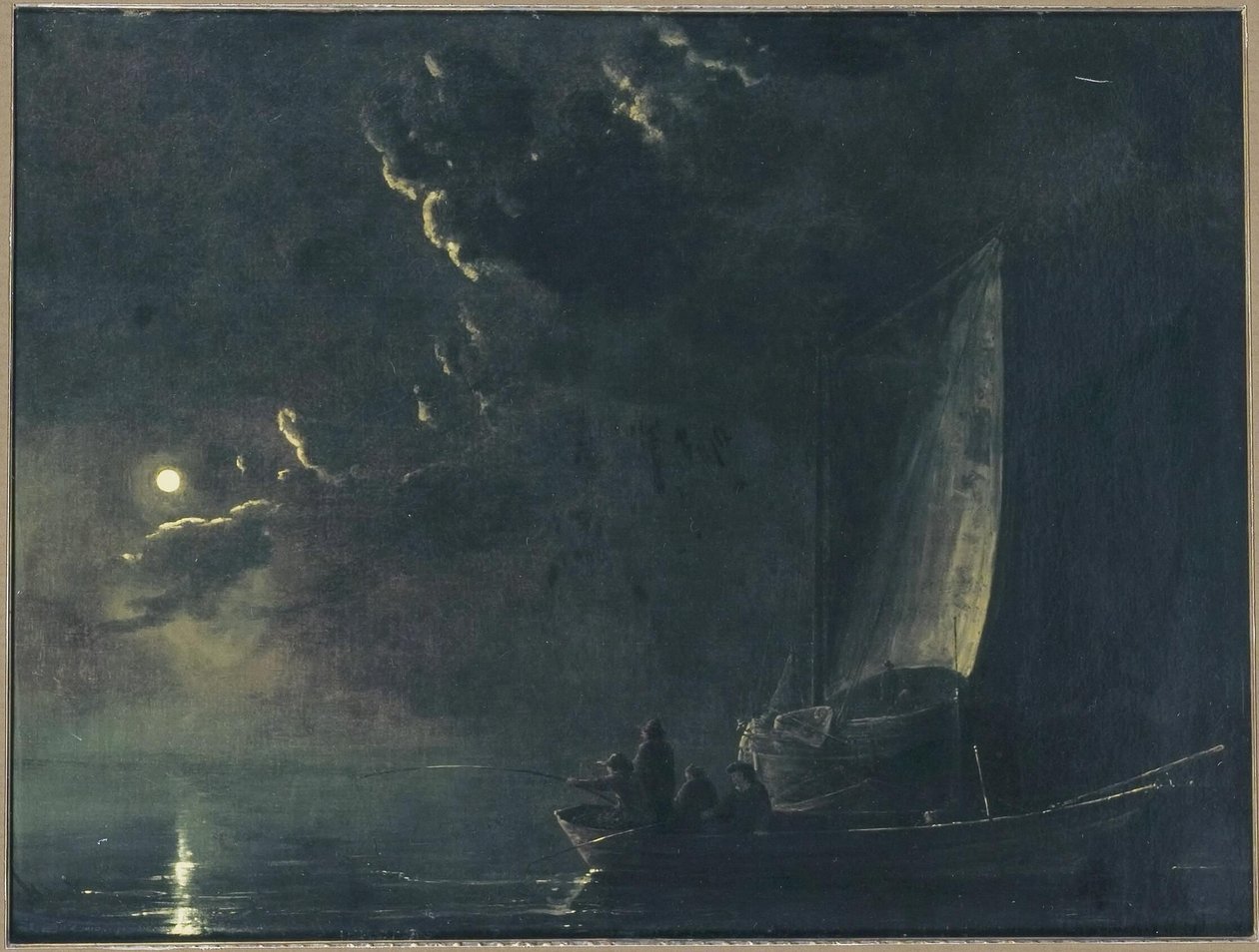 Mondlandschaft, im Vordergrund ein Angelkahn mit Fischern von Aelbert Cuyp