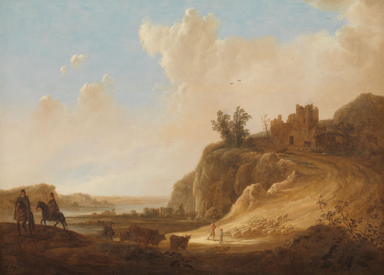Gebirgige Landschaft mit den Ruinen einer Burg von Aelbert Cuyp