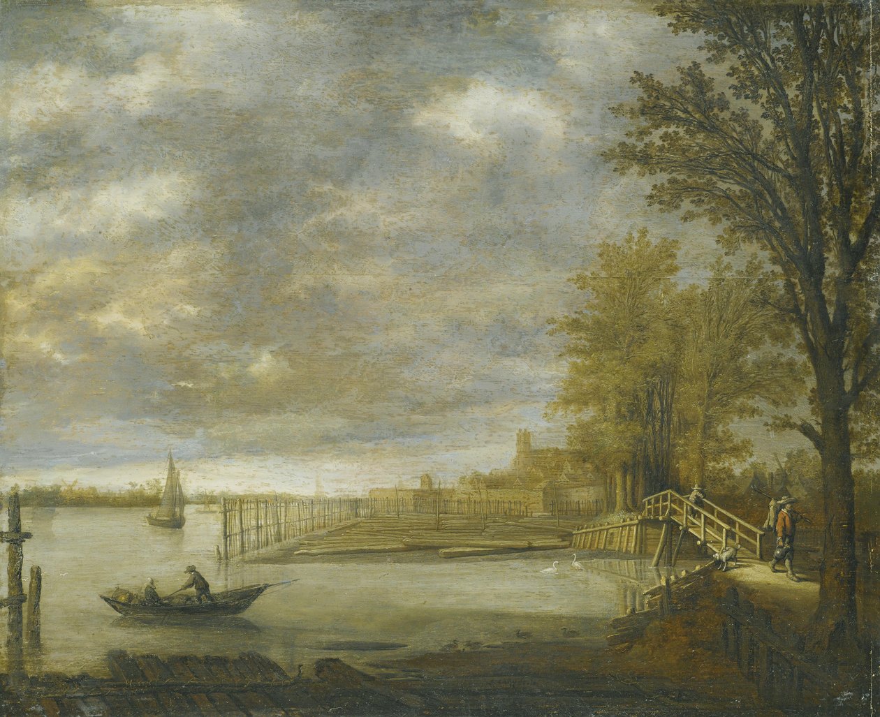Blick auf Dordrecht von Süden, im Vordergrund die Holzlagerplätze von Aelbert Cuyp