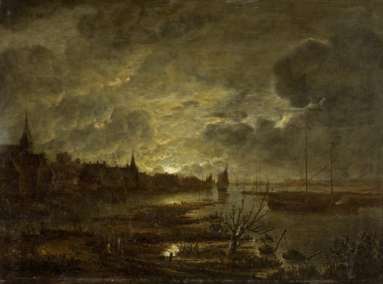 Ein Dorf an einem Fluss im Mondlicht, ca. 1645-1700 von Aert van der Neer
