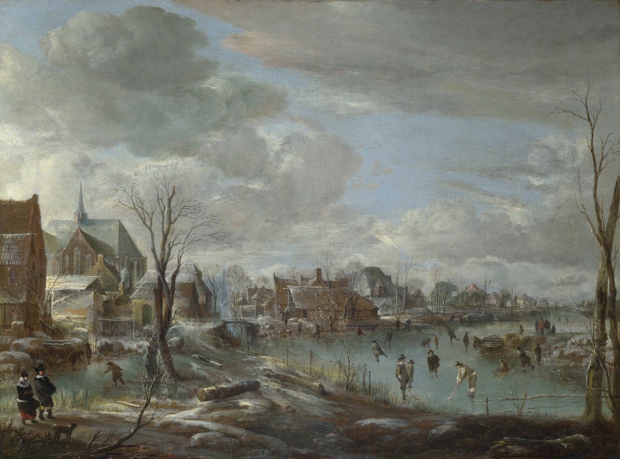 Ein zugefrorener Fluss in der Nähe eines Dorfes, mit Golfern und Schlittschuhläufern von Aert van der Neer