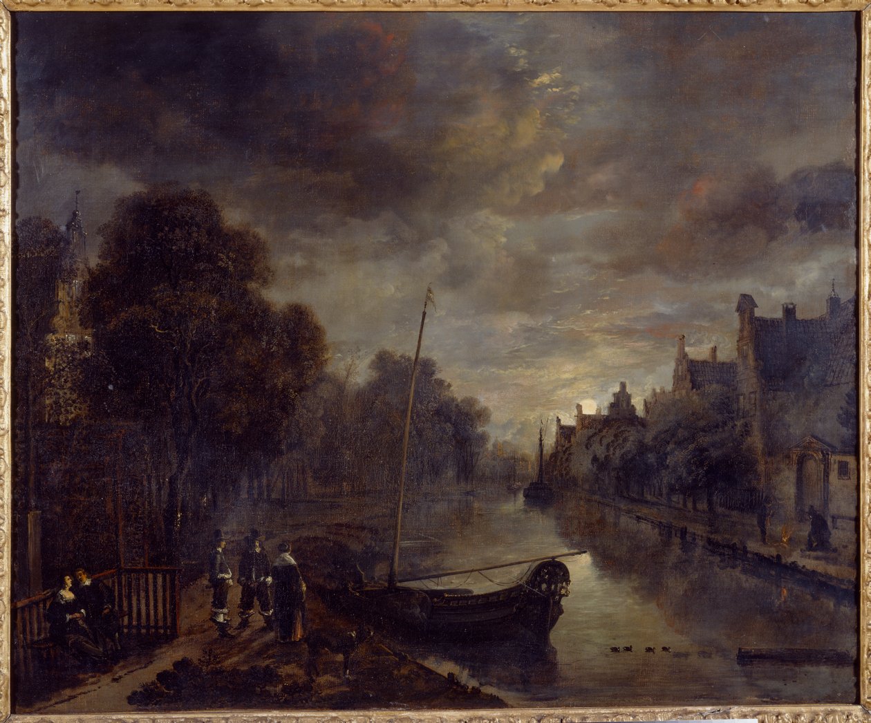 Ein Kanal in einer niederländischen Stadt bei Mondlicht von Aert van der Neer