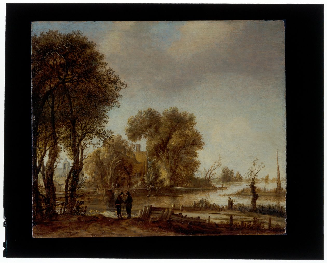 Flusslandschaft mit Männern, die sich auf einem Weg unterhalten von Aert van der Neer