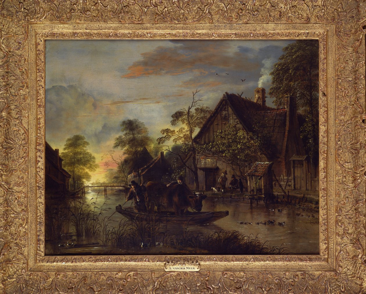 Eine Flusslandschaft mit Bauern, die einen Stier überqueren, Bauern bei einem Cottage dahinter von Aert van der Neer
