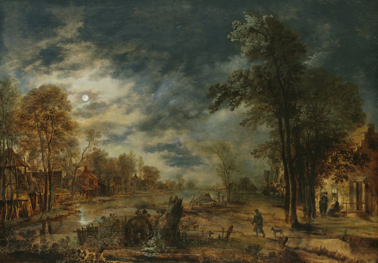 Mondscheinlandschaft mit einem Dorf von Aert van der Neer