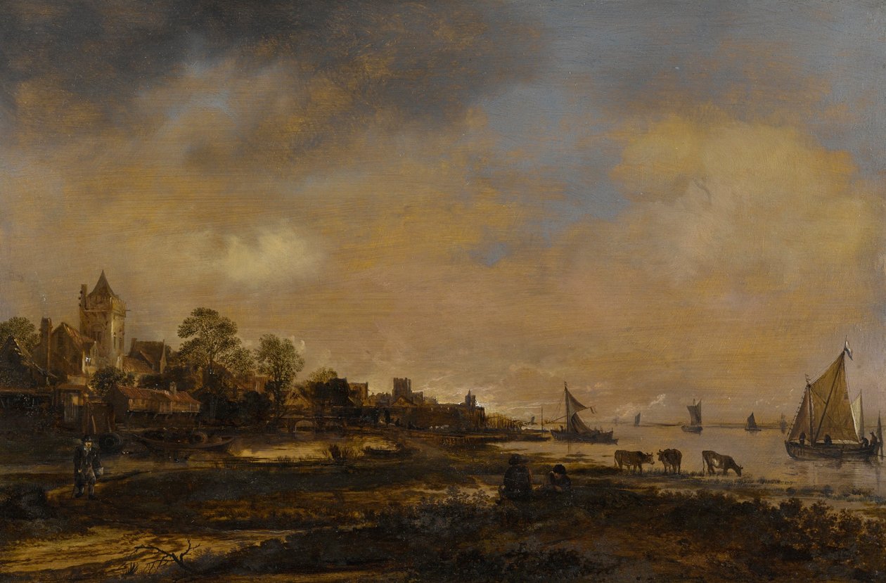 Weite Flusslandschaft mit Schloss und Dorf von Aert van der Neer