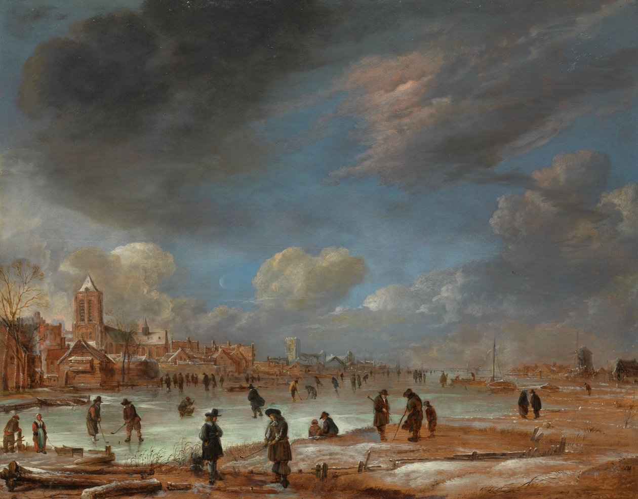 Winterlandschaft nahe einer Stadt mit Golfspielern von Aert van der Neer