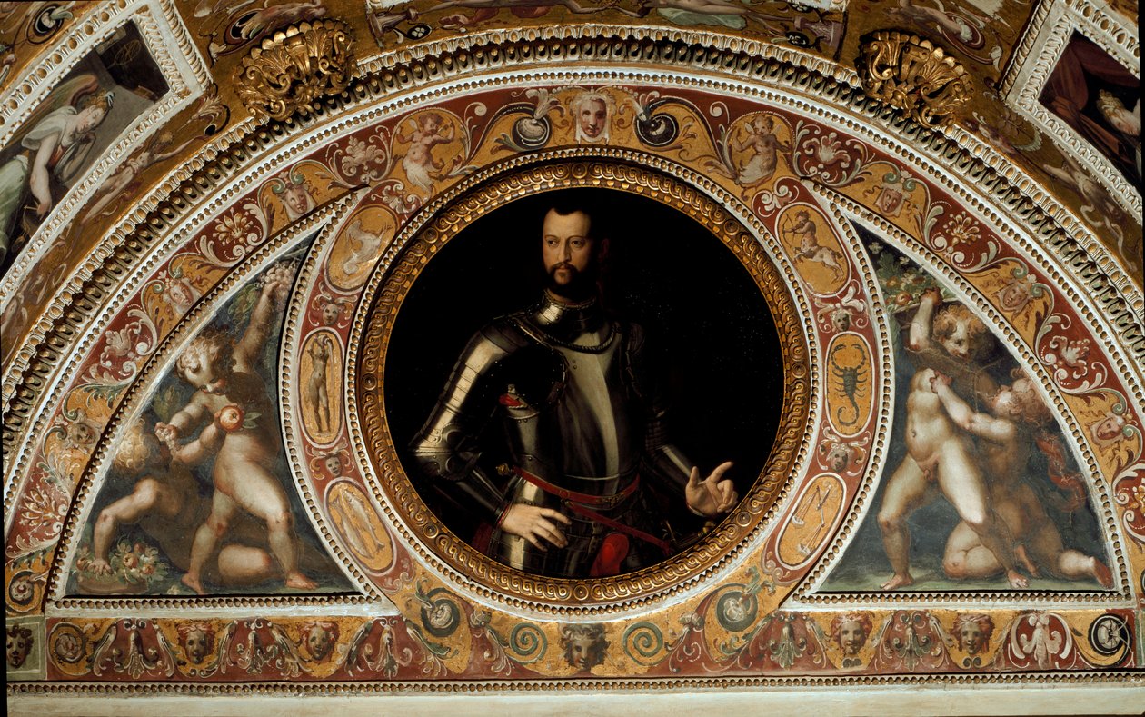 Porträt von Cosimo I. di Medici, Großherzog der Toskana und Vater von Francesco I. (Gemälde auf Schiefer) von Agnolo (after) Bronzino