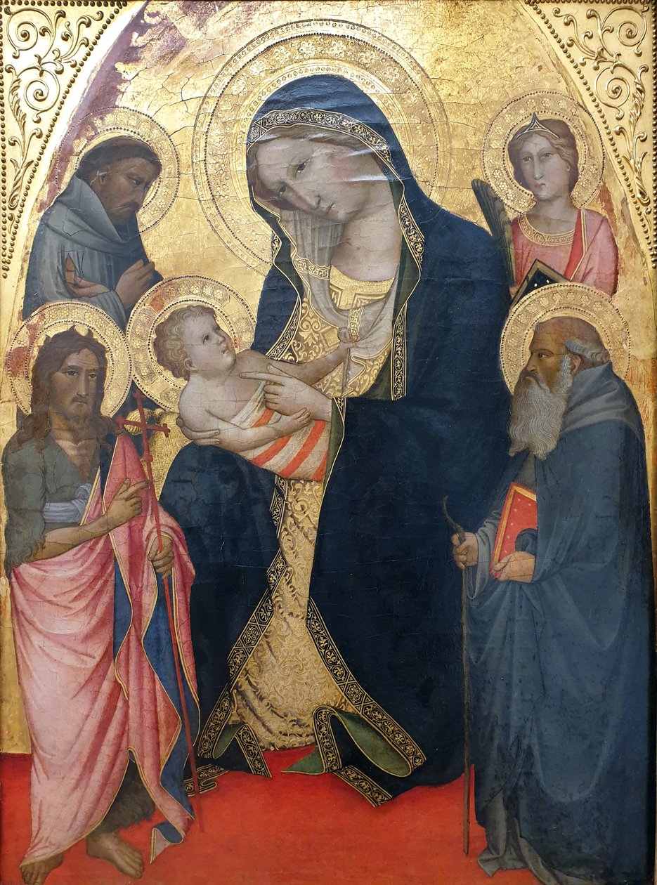Maria mit dem Kind, Johannes dem Täufer, Franziskus, Antonius Abbas und einer Märtyrerin von Agnolo Gaddi