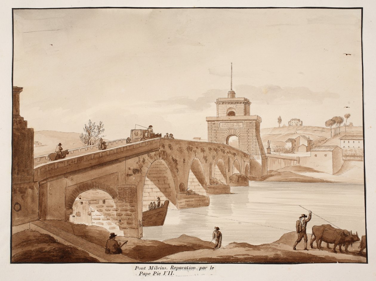 Die Restaurierung der Ponte Milvio durch Papst Pius VII, 1833 von Agostino Tofanelli