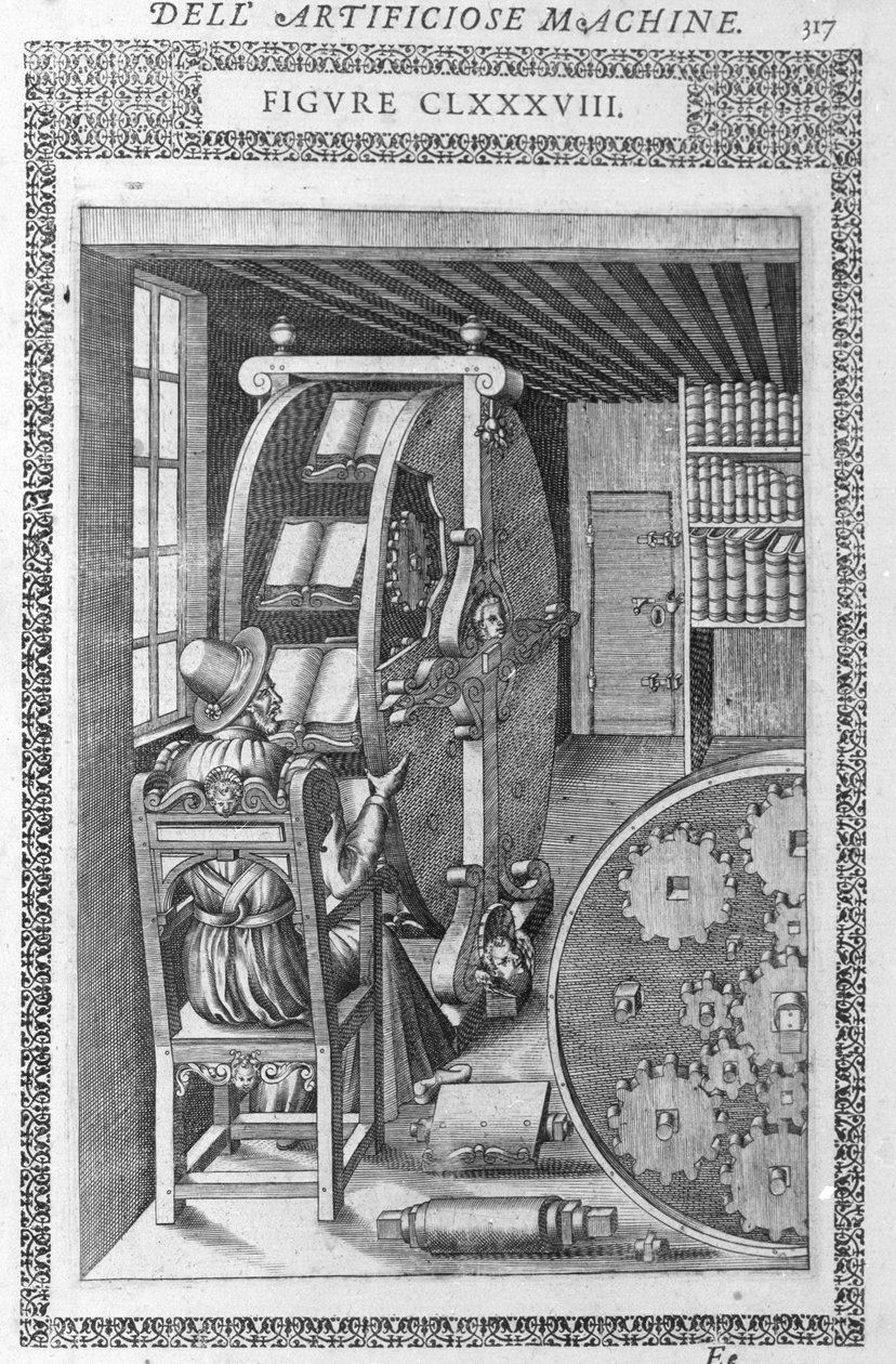 Automatische Bibliothek. Basierend auf einem Projekt von Agostino Ramelli in „Diverse und Artificiose Maschinen“ und Mailand 1600. von Agostino (after) Ramelli