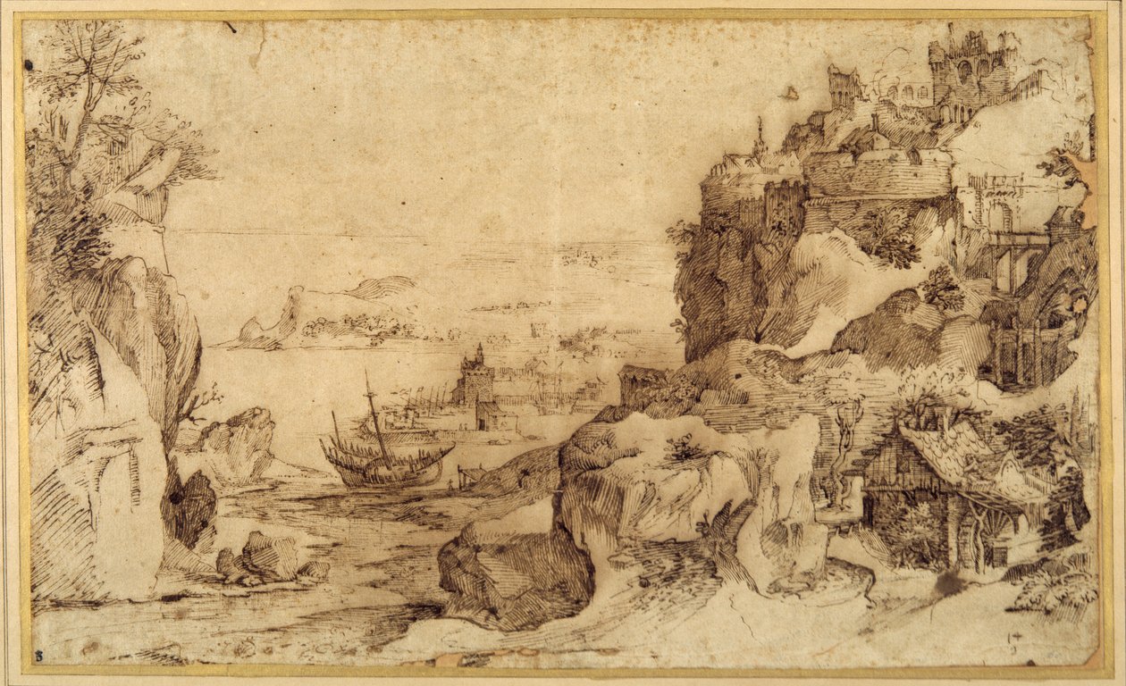 Abwärtsblick auf einen befestigten Hafen von Agostino (attr. to) Carracci