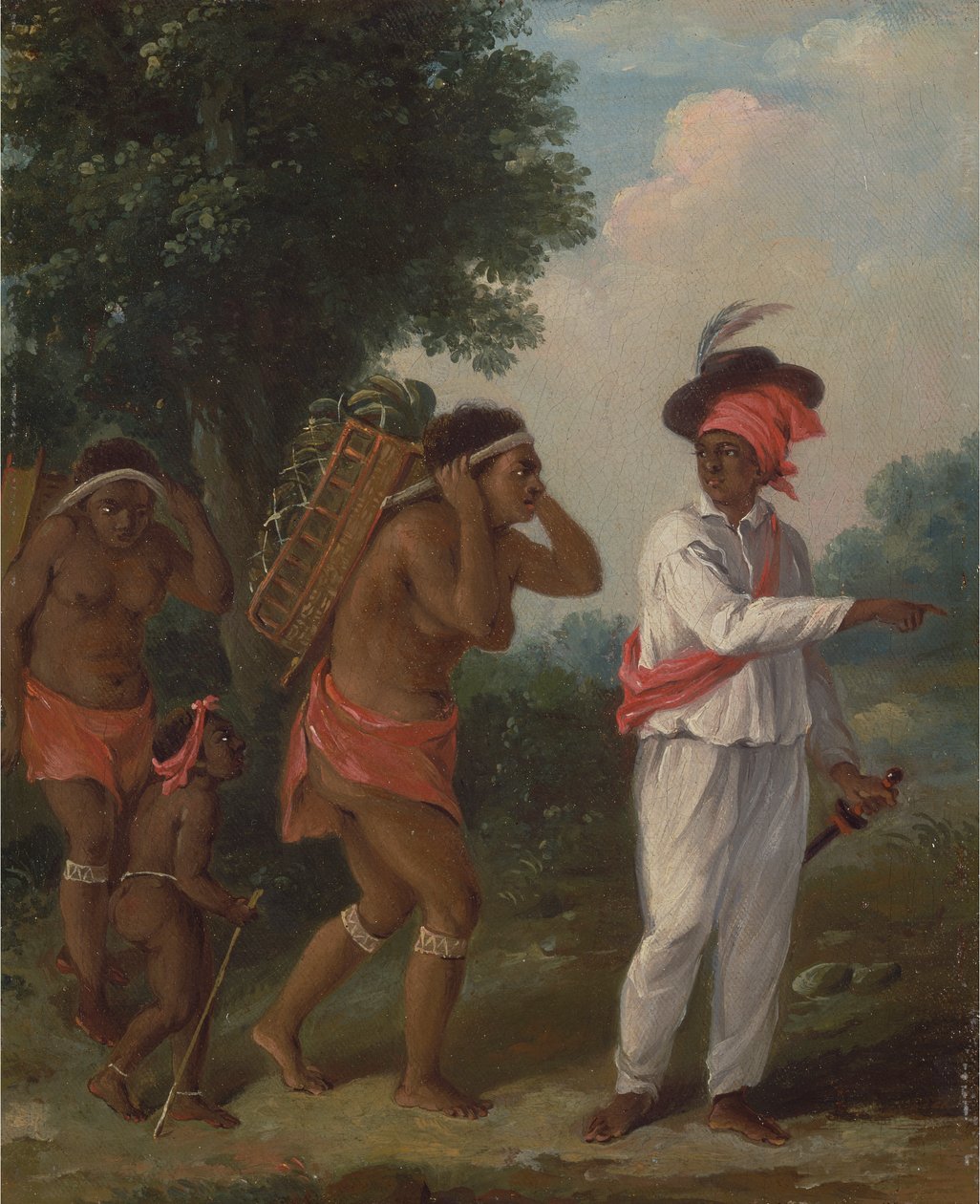 Westindischer Farbiger, der zwei Karibische Frauen mit einem Kind anleitet von Agostino Brunias