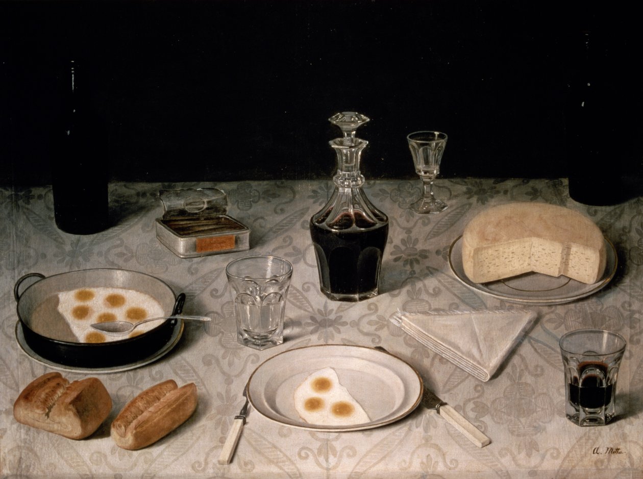 Stillleben mit Eiern, Brot, Käse und Wein von Agostino Jose da Mota