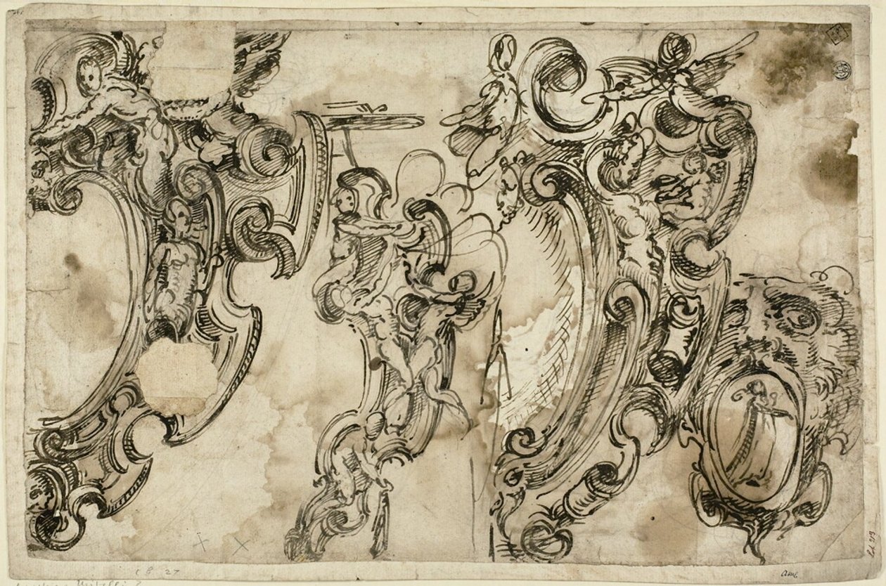 Skizzen von dekorativen Motiven (recto); Skizze eines dekorativen Motivs (verso) von Agostino Mitelli