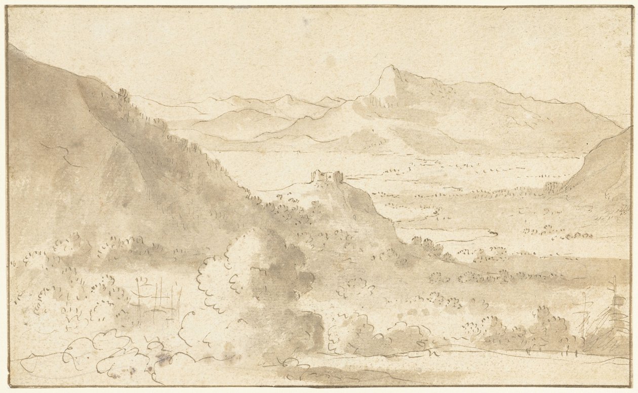 Berglandschaft mit einem See und einem Schloss von Agostino Tassi (possibly)