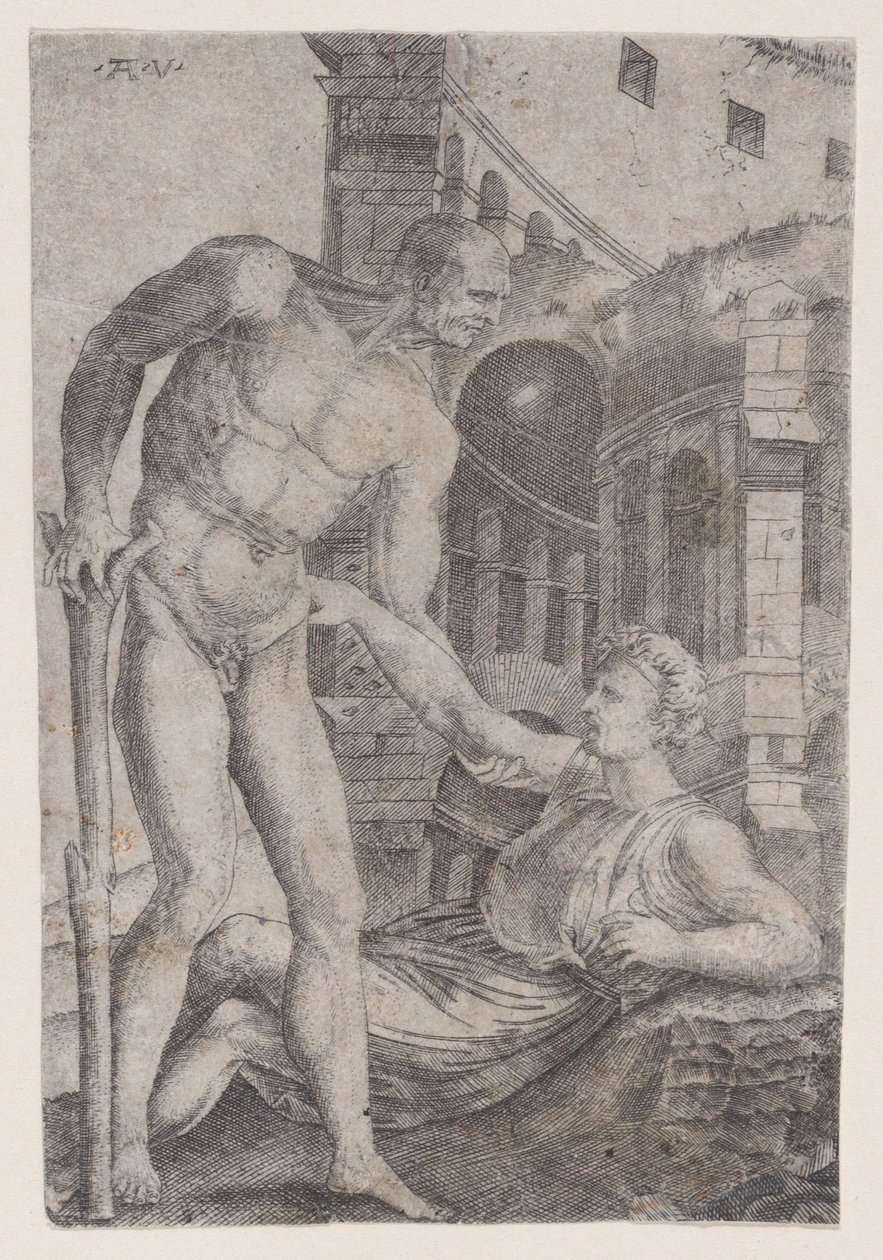 Ein Mann hilft einem anderen auf die Beine, ca. 1514-36 von Agostino Veneziano