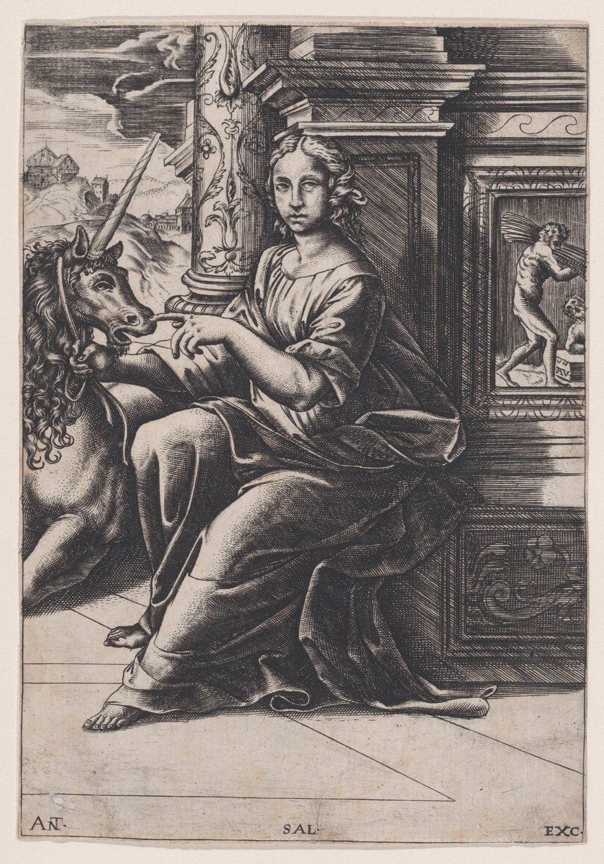 Keuschheit, eine sitzende Frau, ein Einhorn zu ihrer Rechten, ca. 1515-30 von Agostino Veneziano