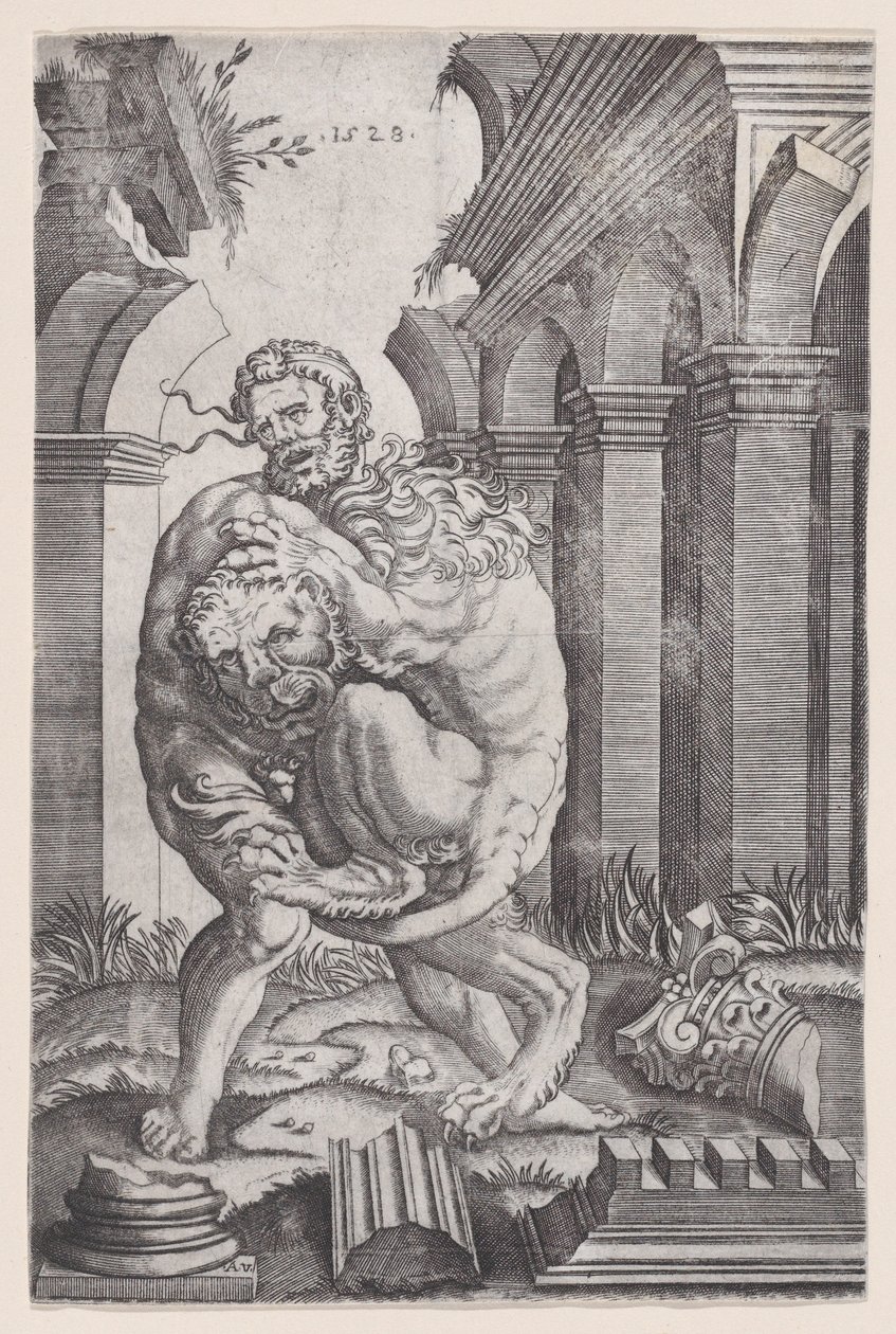 Herkules erwürgt den nemeischen Löwen, datiert 1528 von Agostino Veneziano
